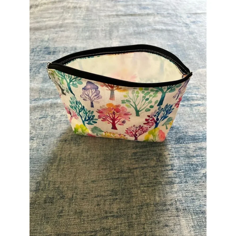 Rainbow Watercolor Trees Cotton Canvas Small Makeup Bag Travel Toiletry Pouch